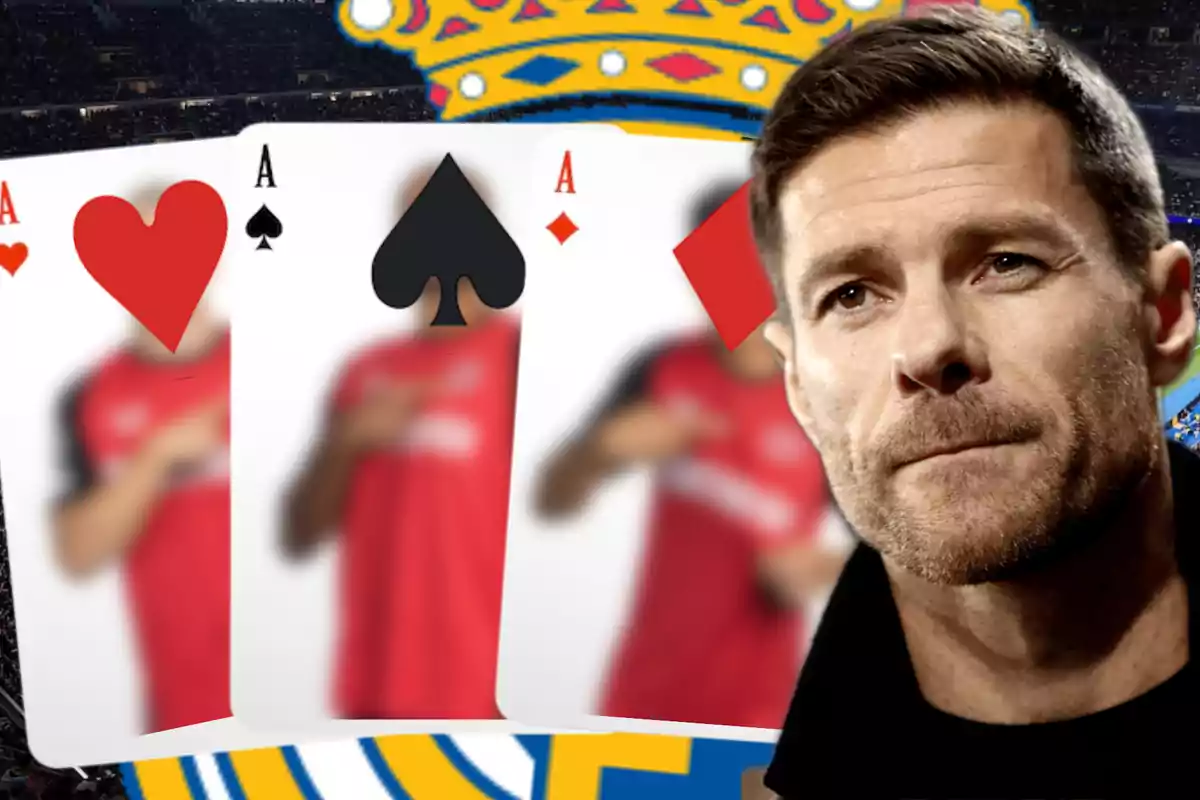 A bearded man appears in the foreground next to three poker cards with blurred figures of people and a background that includes a crown.