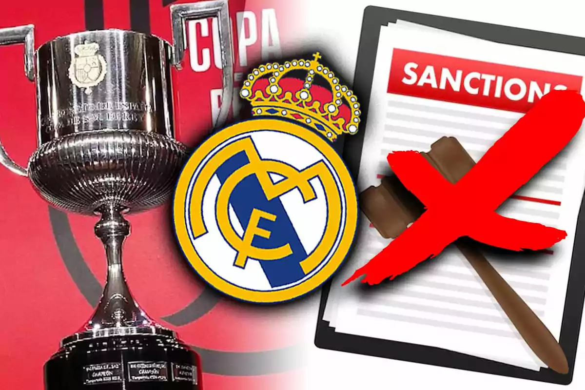 Copa del Rey trophy with the Real Madrid crest and a sanctions document with a red cross.