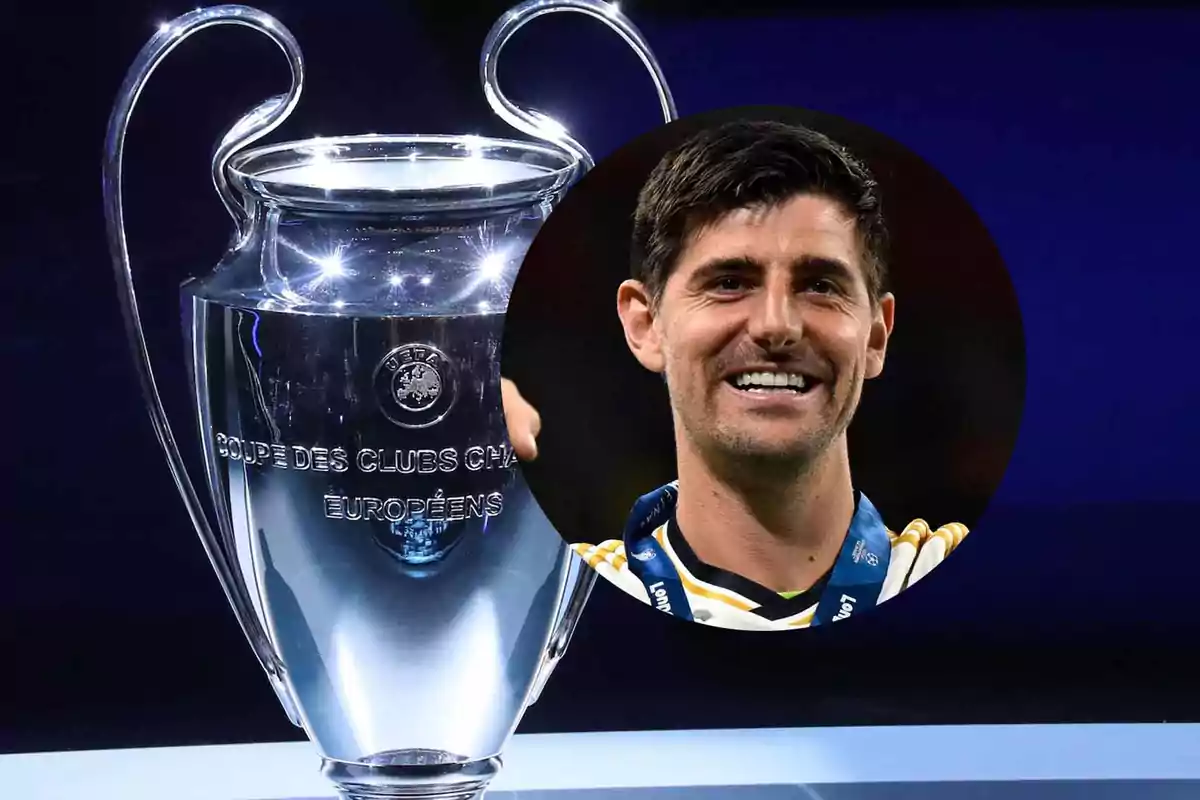 A UEFA Champions League trophy next to a smiling player with a medal.