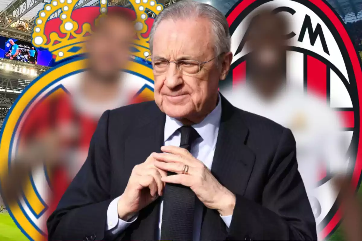 A man in a suit in front of the Real Madrid and AC Milan logos in a stadium.