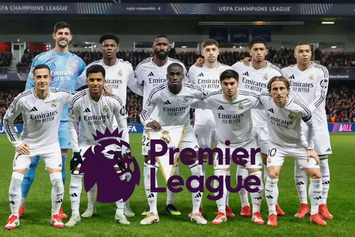 A soccer team posing on the field with a Premier League logo overlay.