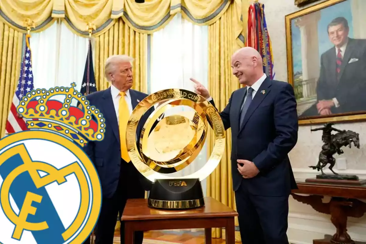 Two people in an official room observe a FIFA trophy on a table, with the Real Madrid crest superimposed in the corner.