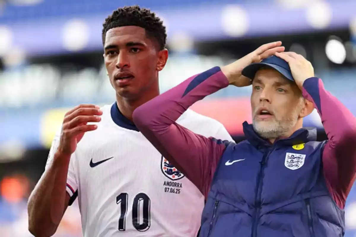 A player in an England uniform and a coach with a surprised expression in a stadium.