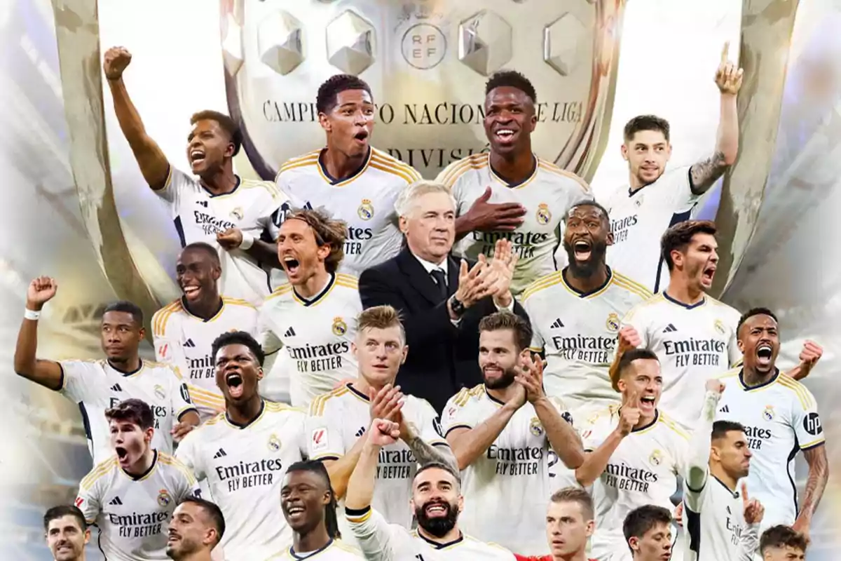 Real Madrid players celebrating in front of a league trophy. Real Madrid players celebrating in front of a league trophy.