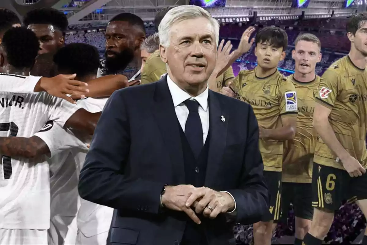 A man in a suit is in the foreground with two soccer teams celebrating in the background.