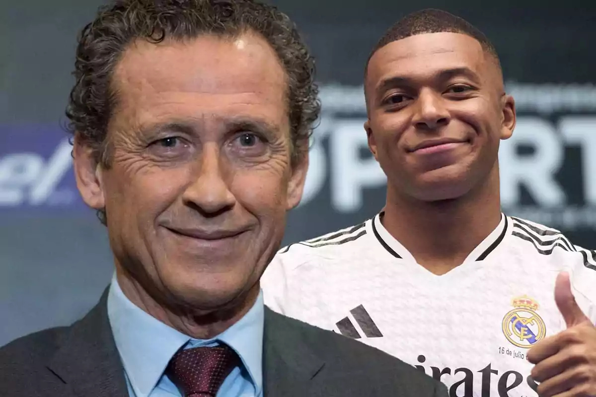 Two people posing together, one of them wearing a suit and the other a Real Madrid soccer jersey.