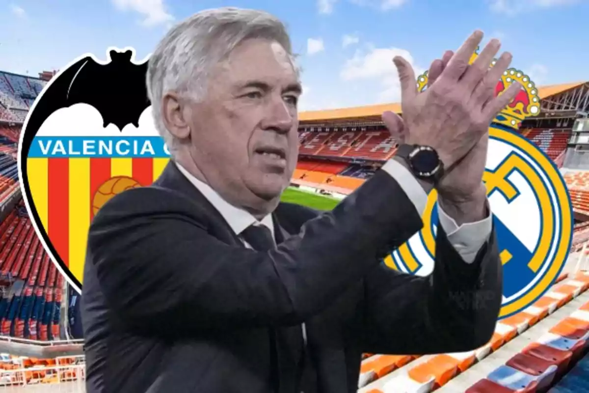 A man applauding with the logos of Valencia CF and Real Madrid in the background at a stadium.