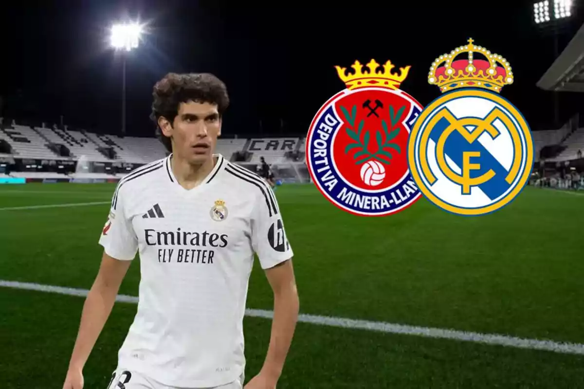 Football player in white uniform in a stadium with the Deportiva Minera and Real Madrid shields in the background.