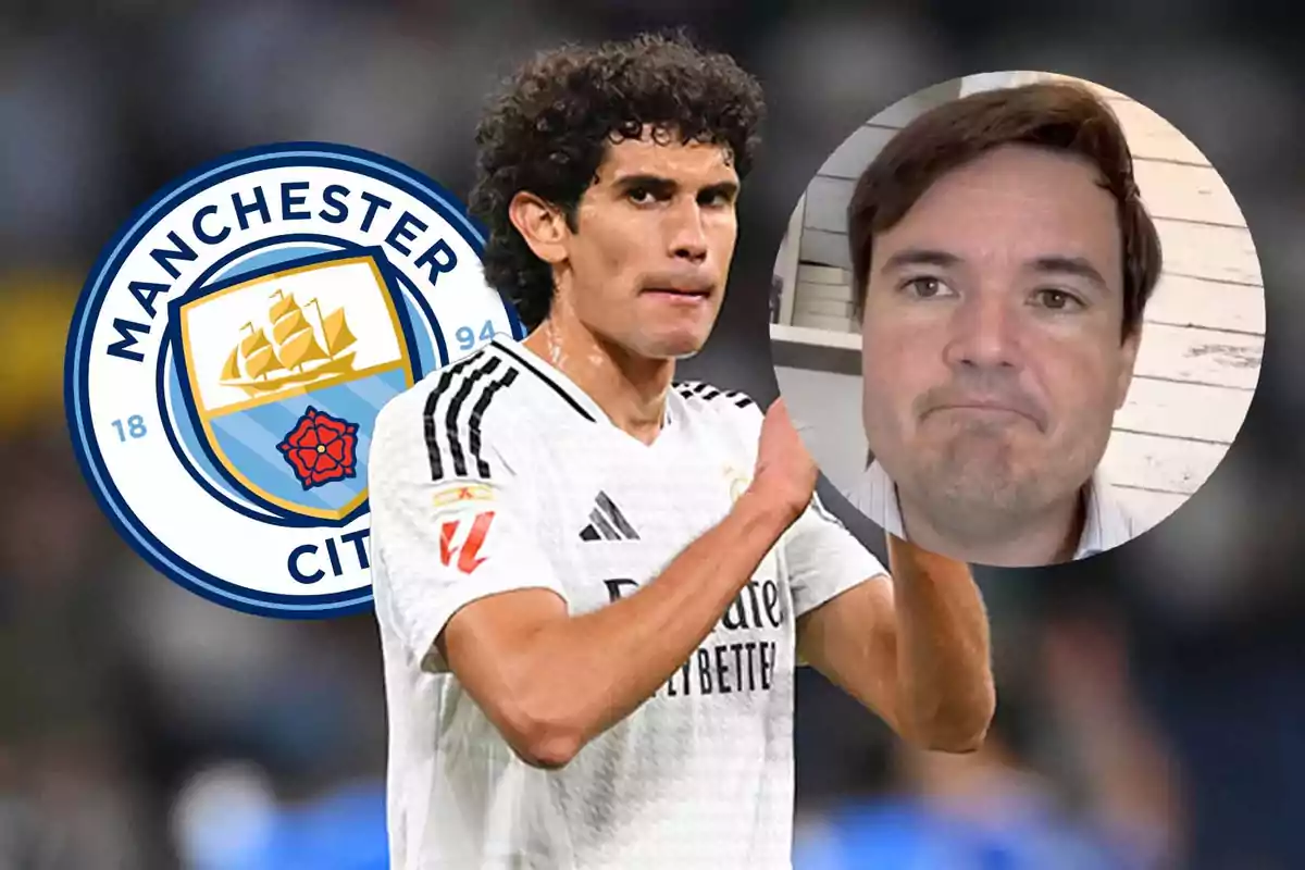 A player in a Real Madrid uniform appears next to the Manchester City logo and a portrait of another person in a circle.