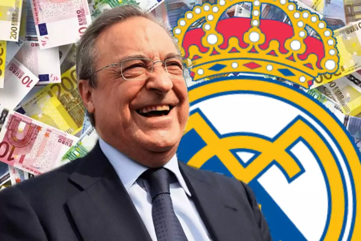 Smiling man with glasses in front of the Real Madrid crest and euro bills in the background