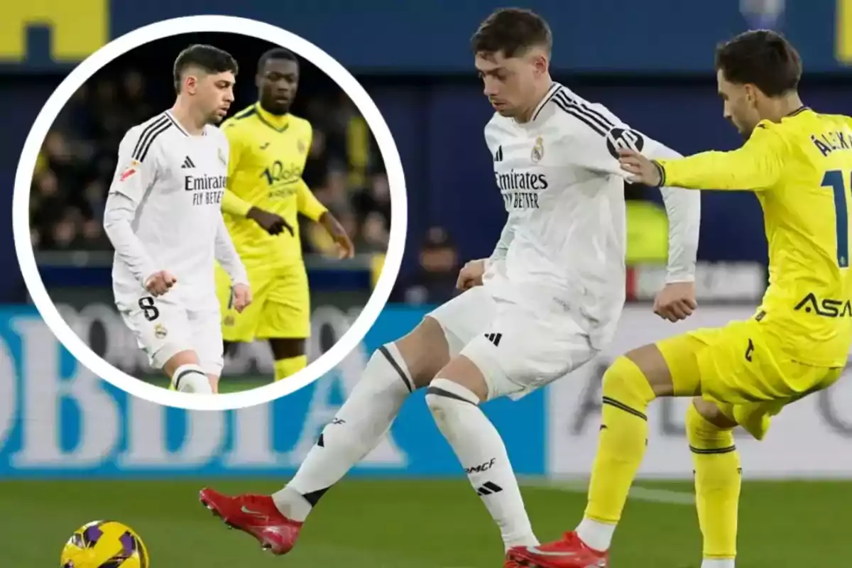 Jugadores de fútbol en acción durante un partido entre equipos con uniformes blanco y amarillo.