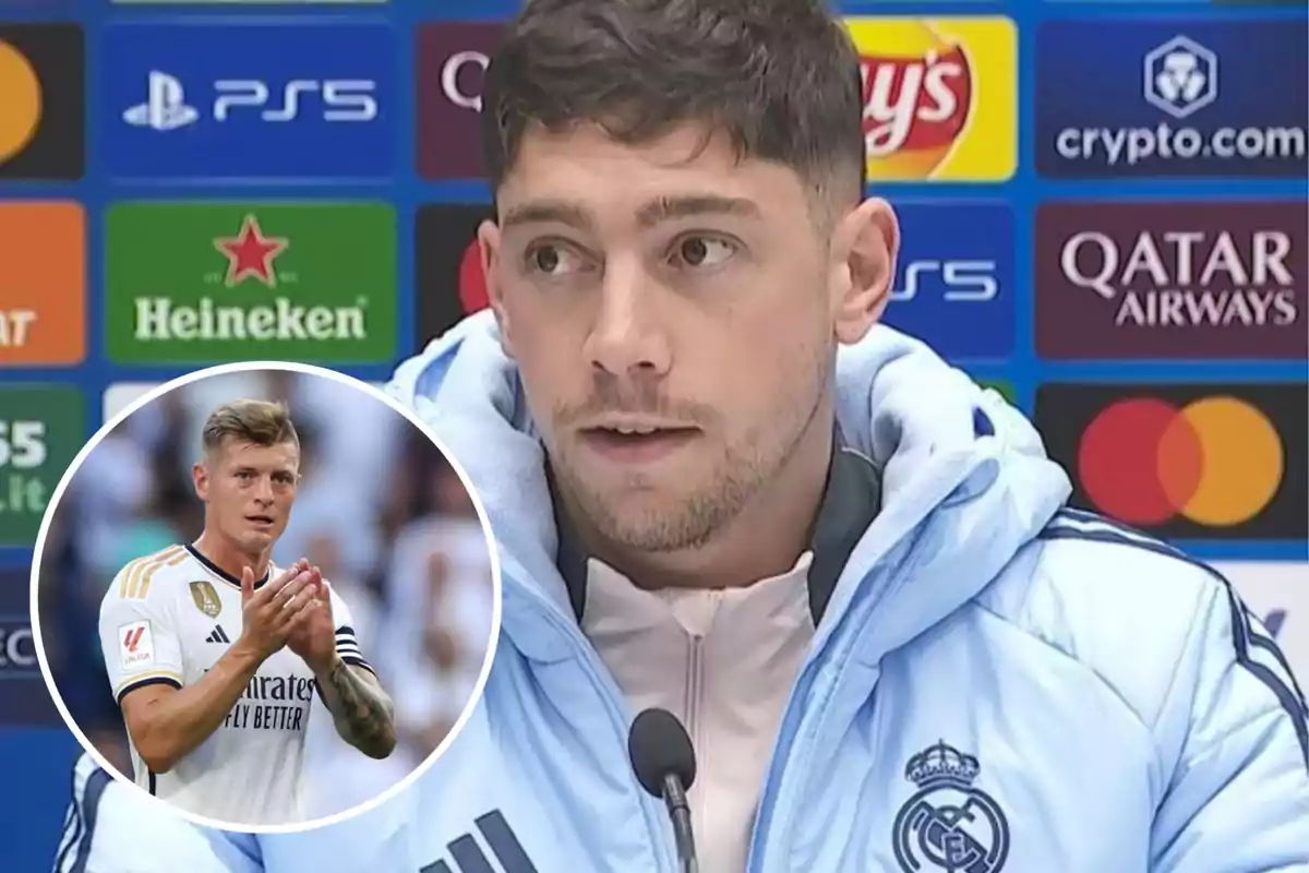 Un jugador de fútbol del Real Madrid en una rueda de prensa con un recuadro de otro jugador aplaudiendo.