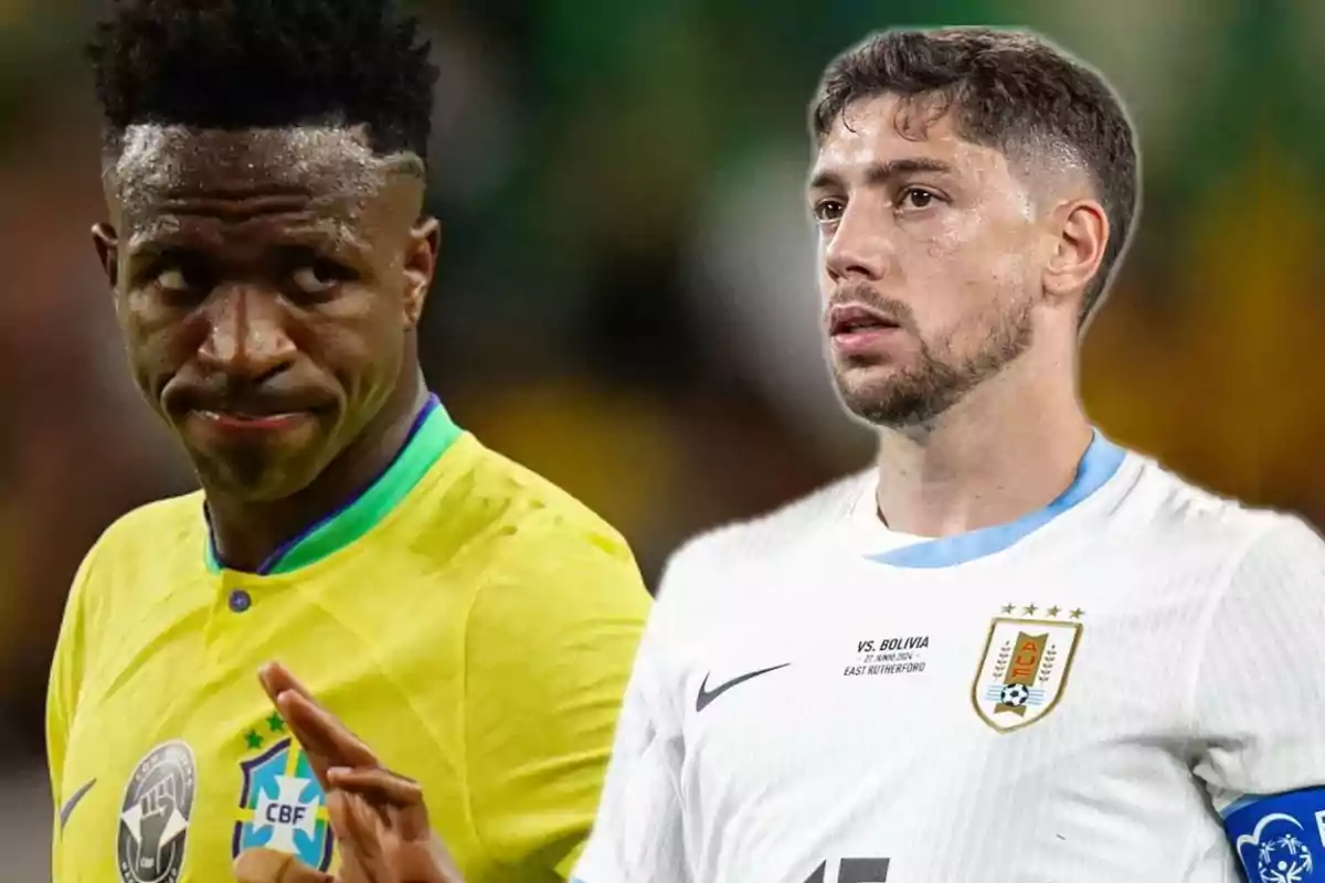 Dos jugadores de fútbol con uniformes de Brasil y Uruguay en un campo de juego.