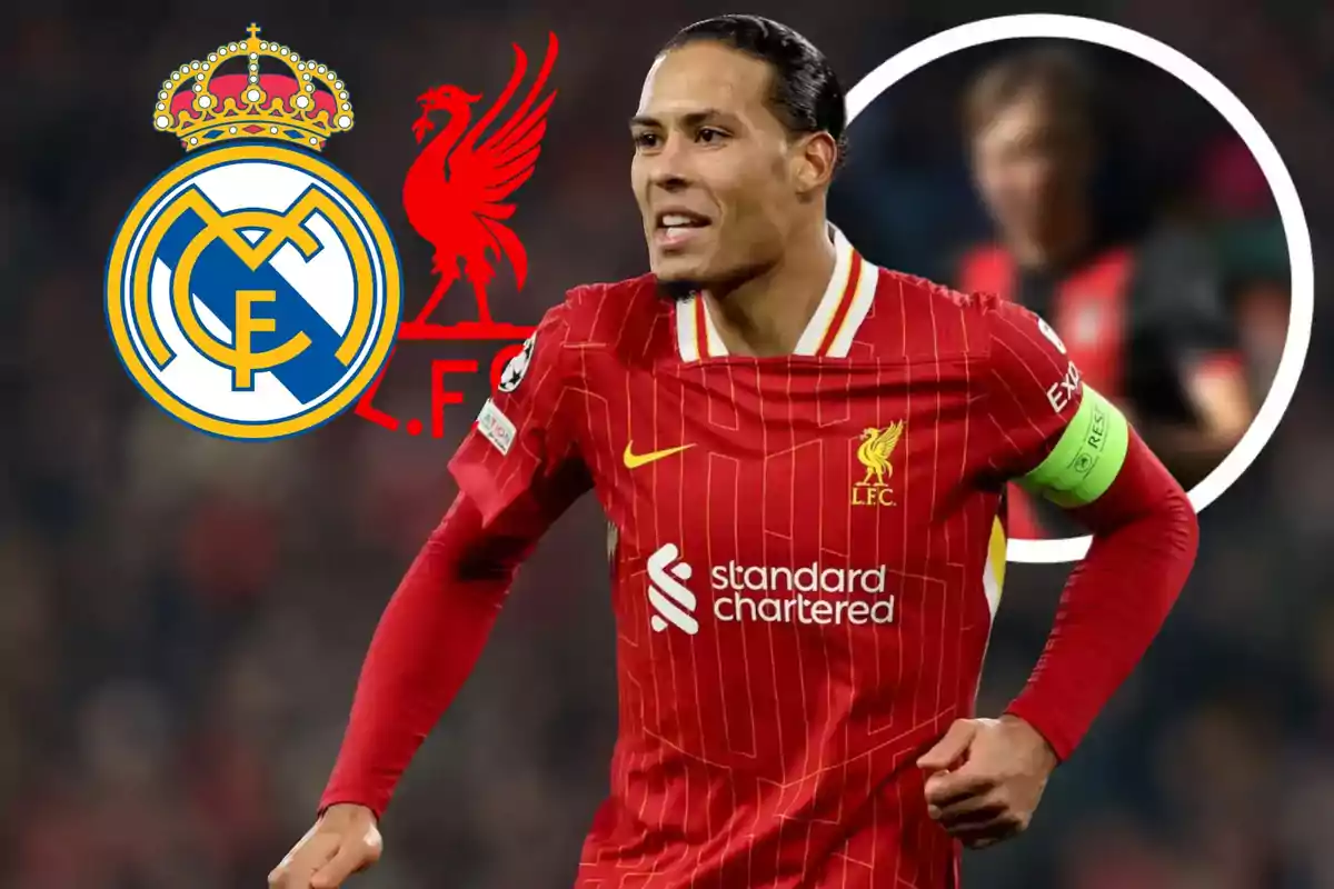 Un jugador de fútbol del Liverpool con el logo del Real Madrid y el logo del Liverpool en el fondo.