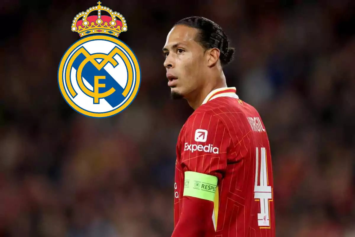 Football player in red uniform and captain's armband, next to the Real Madrid crest.