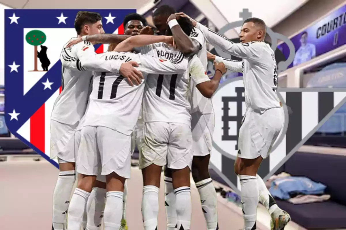 A group of players in white uniforms embrace in celebration, with the crests of two teams in the background.