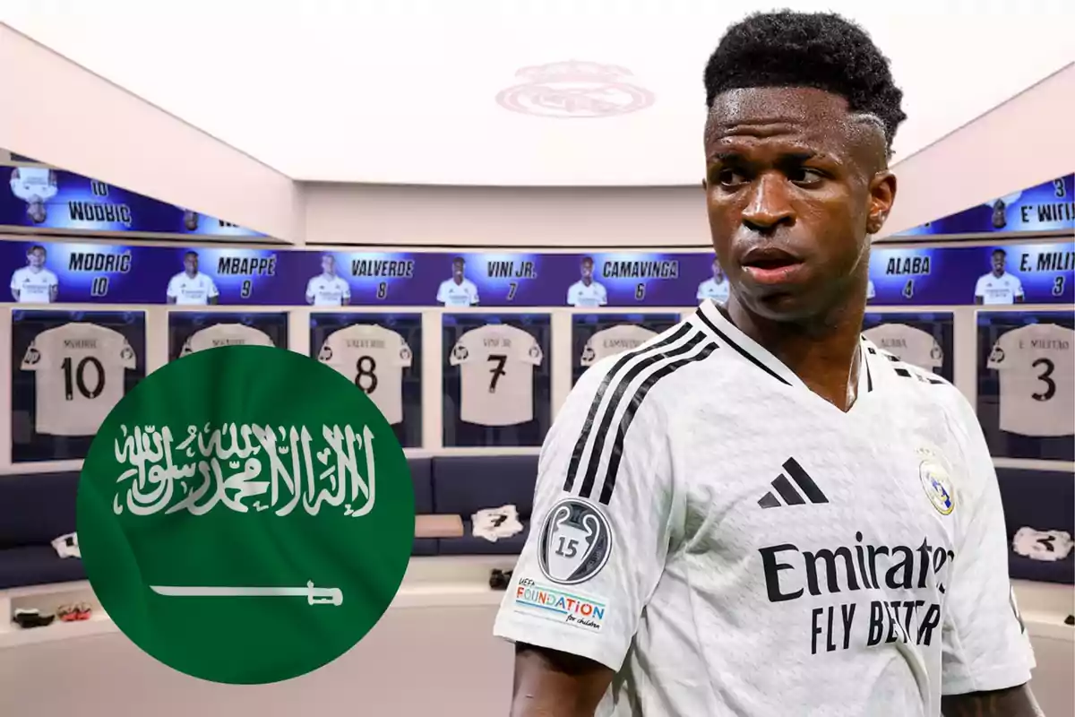 A player in a Real Madrid uniform is in a locker room with jerseys of other players in the background and a green flag with Arabic writing and a sword.