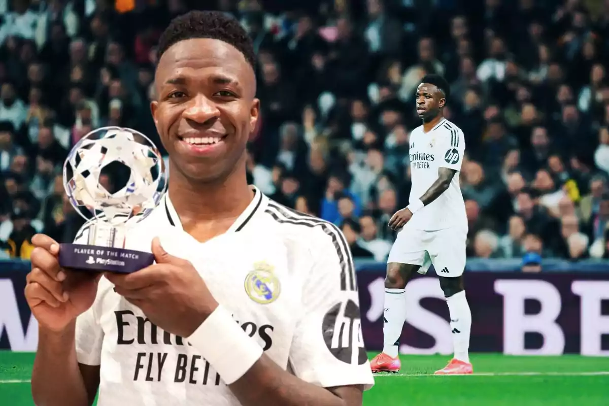 A soccer player in a Real Madrid uniform holds up a "Man of the Match" trophy while smiling, with a stadium full of spectators in the background.