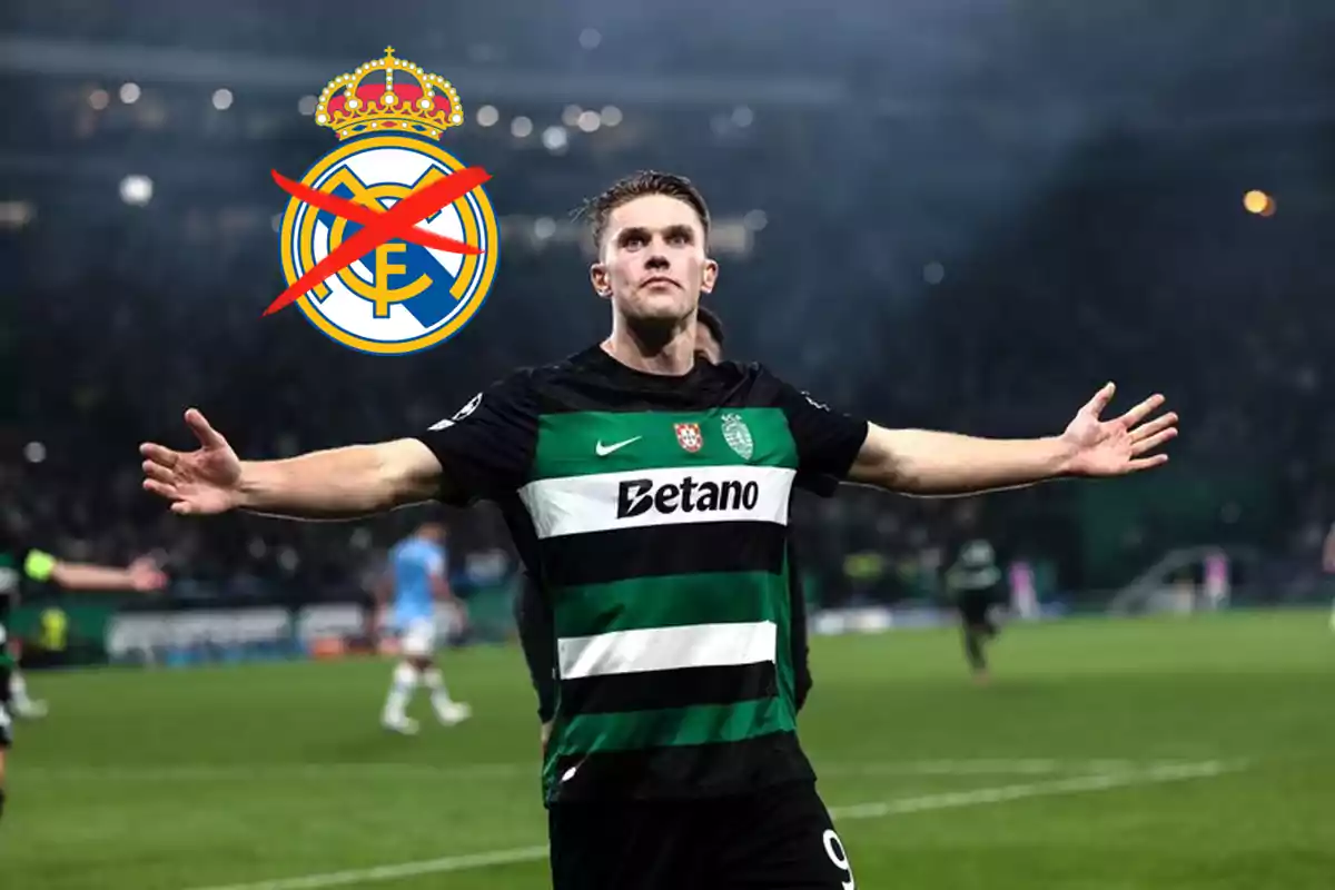 Futbolista del Sporting de Lisboa celebrando con los brazos abiertos en el campo mientras al fondo aparece el escudo del Real Madrid tachado con una X roja