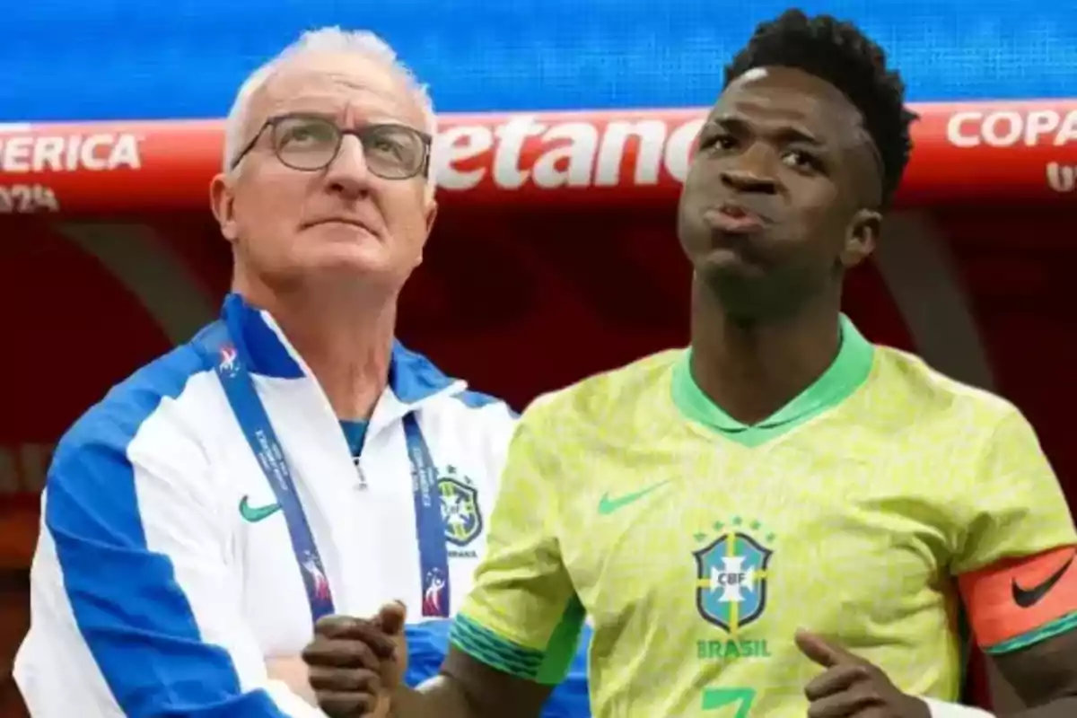 Two people wearing Brazilian sportswear in a stadium.