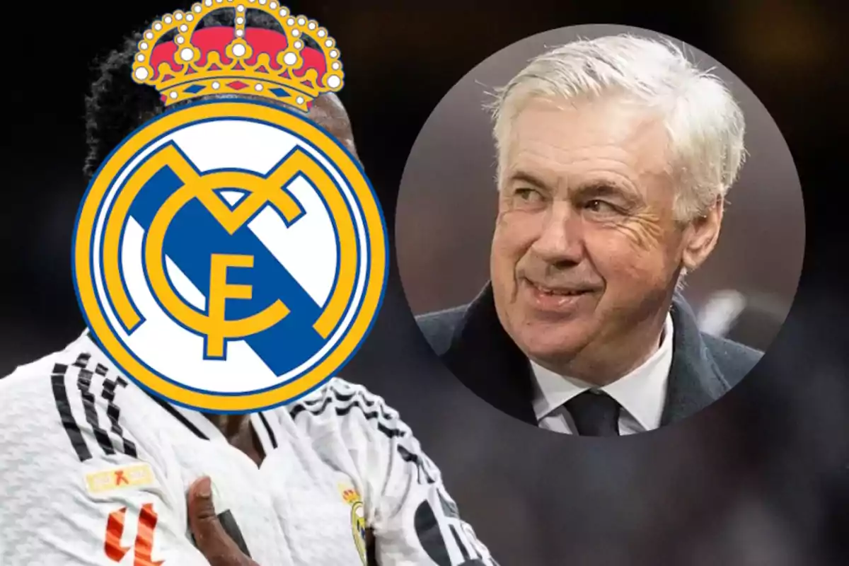 Un jugador de fútbol con el logo del Real Madrid en su rostro y un hombre mayor sonriendo en un círculo al lado.