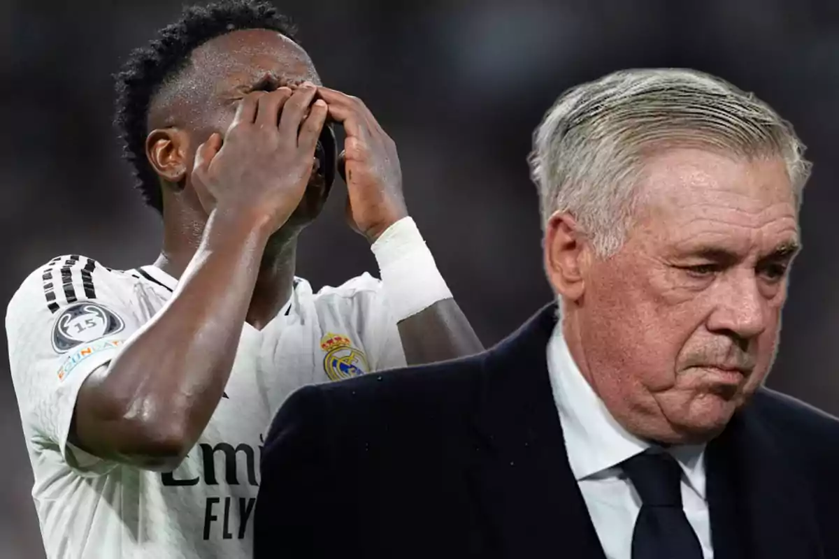 A soccer player in a Real Madrid uniform covers his face with his hands while an older man with a serious expression stands next to him.