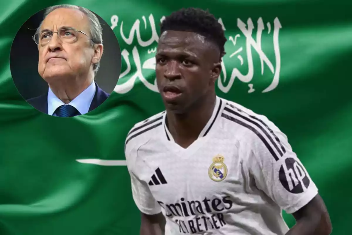 A soccer player wearing a Real Madrid jersey appears in front of a green flag with Arabic writing, while an older man with glasses is shown in a circle.