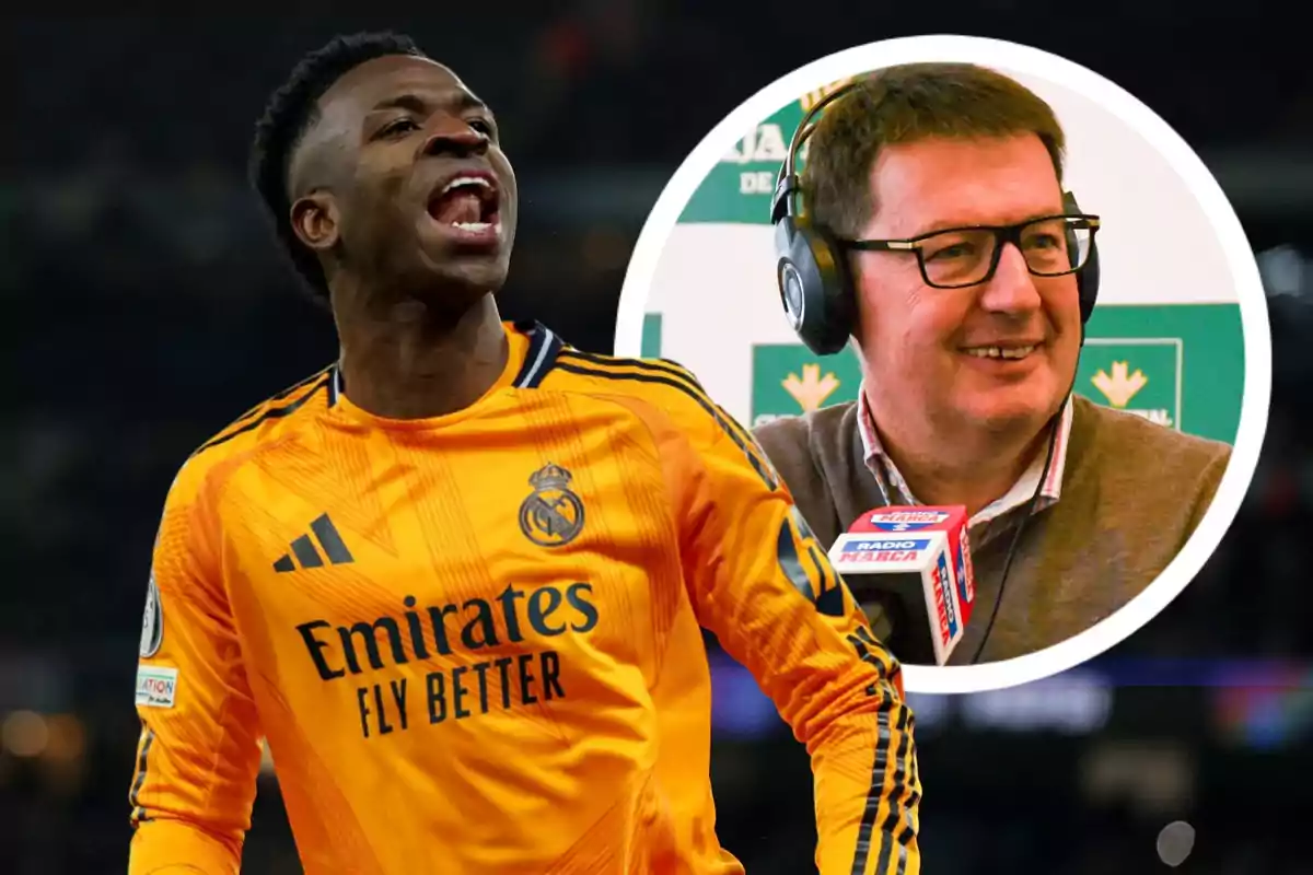 Un jugador de fútbol con uniforme naranja del Real Madrid celebra en el campo mientras un hombre con auriculares sonríe frente a un micrófono en un recuadro.