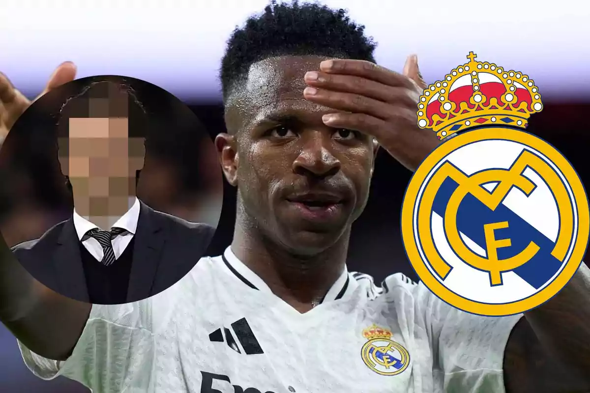Un jugador de fútbol del Real Madrid con la mano en la frente junto al escudo del equipo y un rostro pixelado en un círculo.