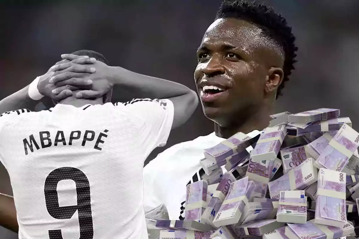 A soccer player with his hands on his head and another smiling next to a pile of banknotes.