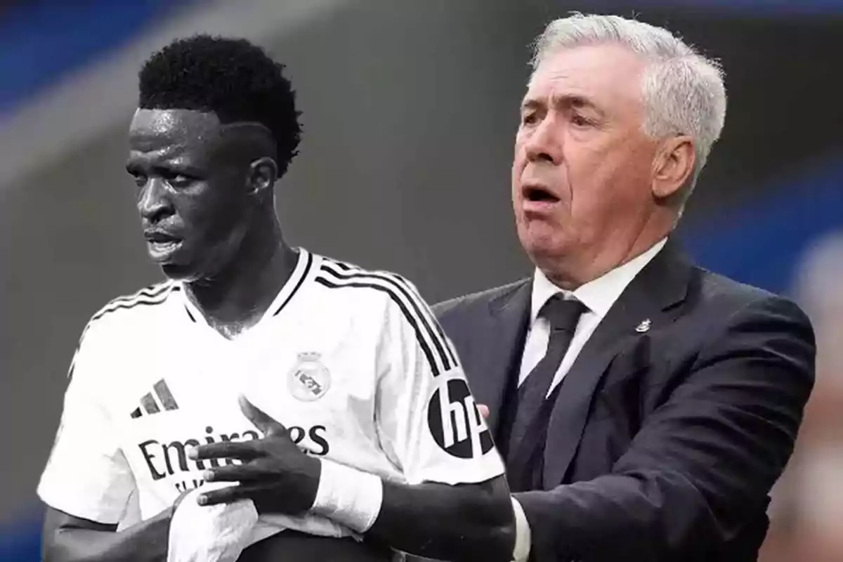 Un jugador de fútbol con el uniforme del Real Madrid junto a un hombre de traje que parece estar reaccionando.