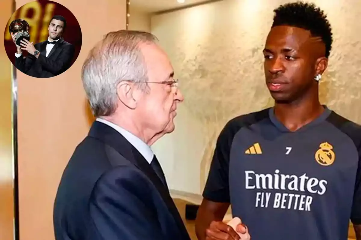 Dos personas se dan la mano en un ambiente formal, una de ellas lleva un traje y la otra viste una camiseta deportiva del Real Madrid; en la esquina superior izquierda hay una imagen de un hombre sosteniendo un trofeo.