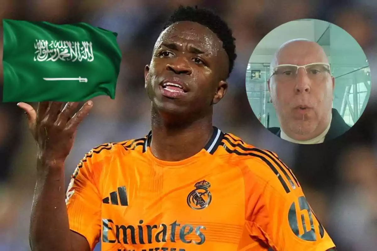 A player in an orange Real Madrid uniform holds a Saudi Arabian flag, while in the top right corner there is a box with the face of a bald man wearing glasses.