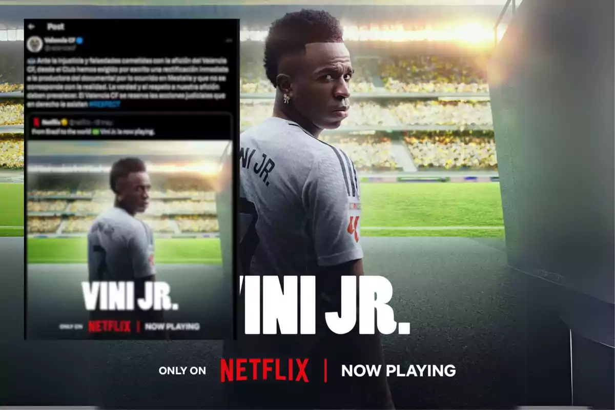 A player with the name "VINI JR." on his jersey stands in a stadium, looking back, with a Netflix sign that says "ONLY ON NETFLIX NOW PLAYING" and an overlaid social media post.