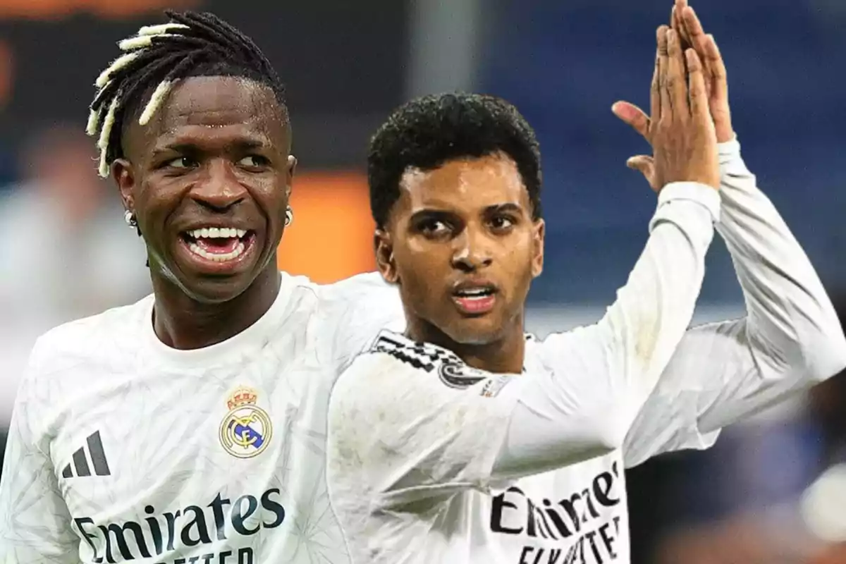 Two players in Real Madrid uniforms, one smiling and the other clapping.