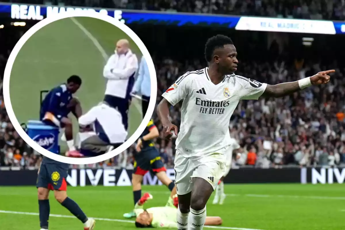 A Real Madrid player celebrates a goal on the field while another player is shown in a box being attended to by medical staff.