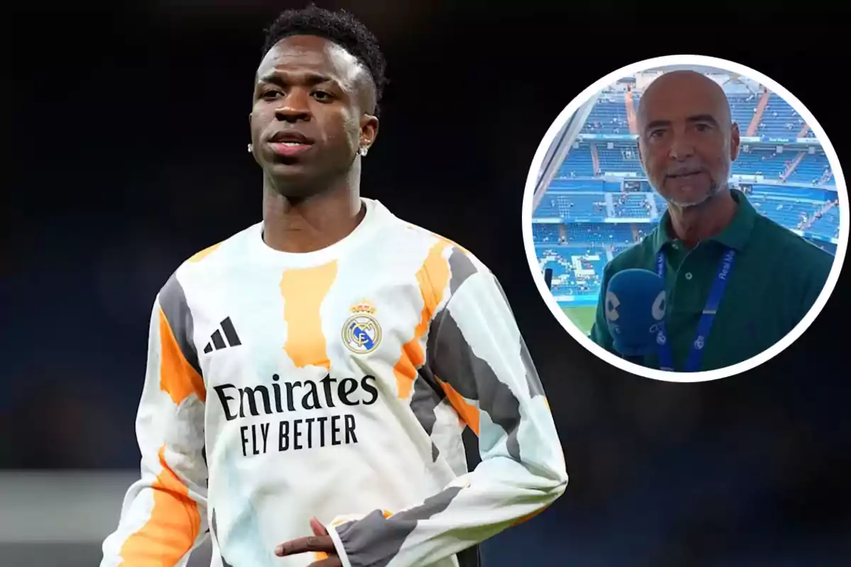 A football player in a Real Madrid uniform and a man in a stadium in a box.