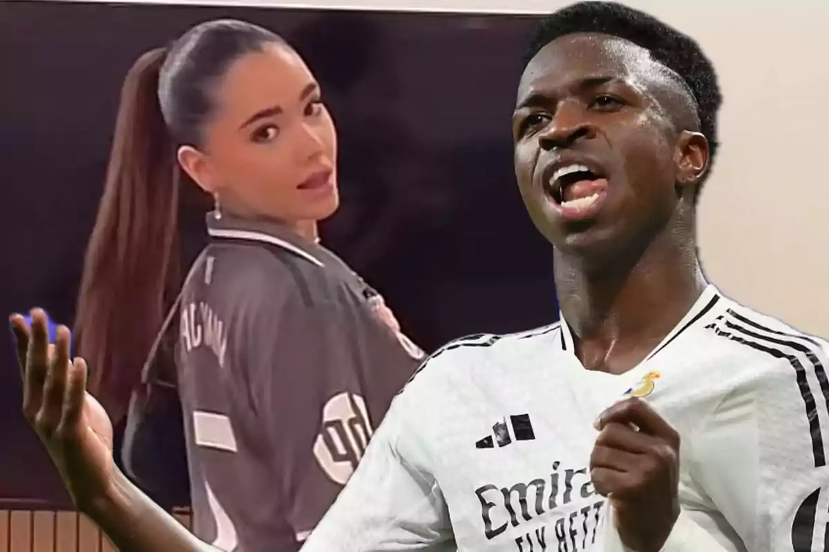 Una mujer con una chaqueta deportiva y un jugador de fútbol celebrando con la camiseta del Real Madrid.