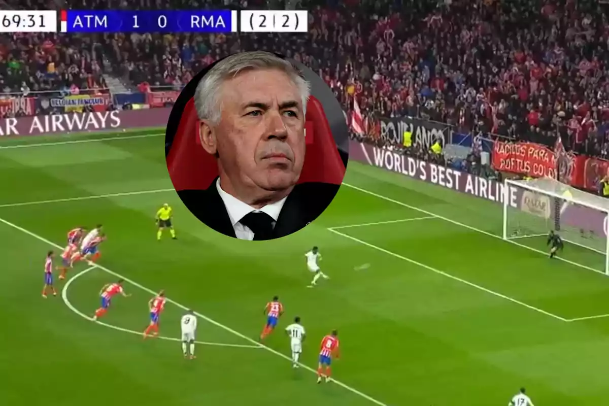 A soccer match between Atlético de Madrid and Real Madrid shows a player getting ready to take a penalty kick while the scoreboard indicates 1-0 in favor of Atlético; the image also features a man watching intently.