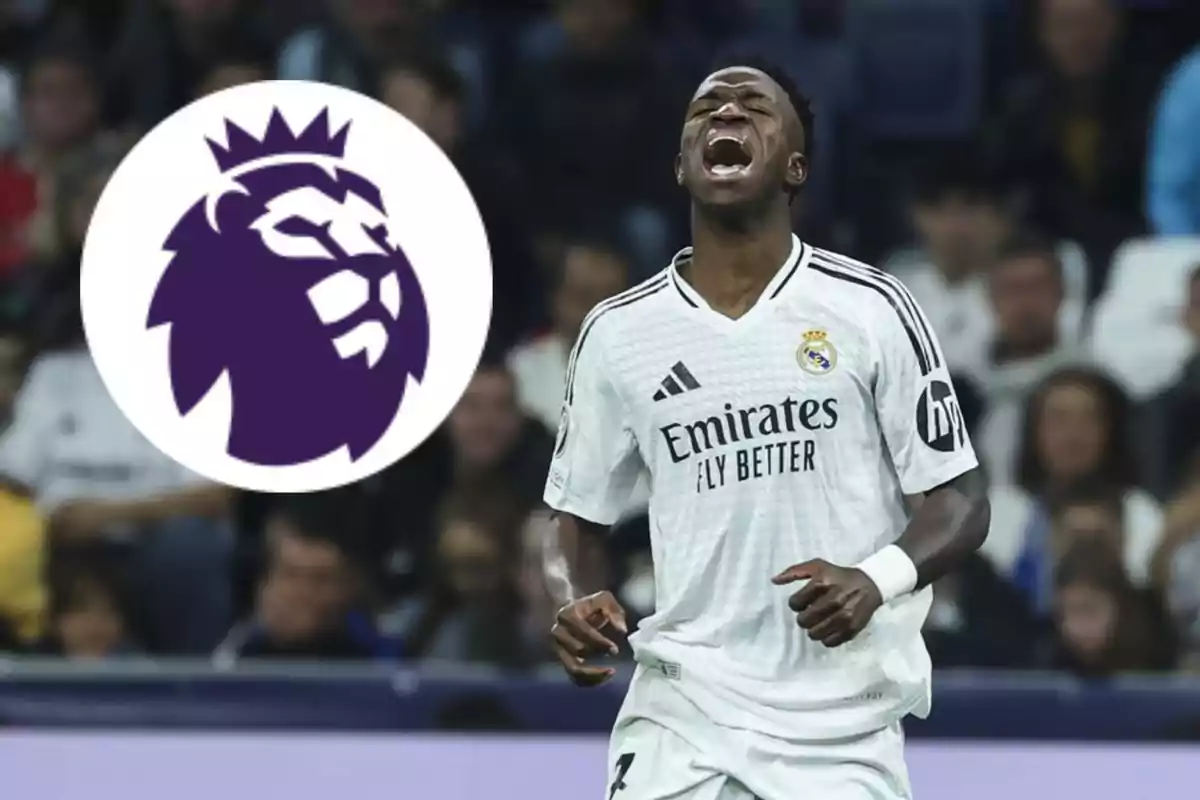 Un jugador de fútbol del Real Madrid con expresión de emoción en el campo y el logo de la Premier League al lado.