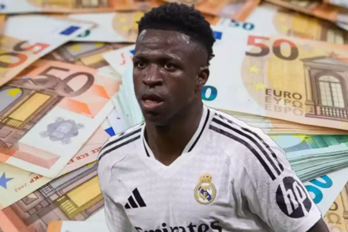 A football player wearing a Real Madrid jersey appears against a background of euro bills.