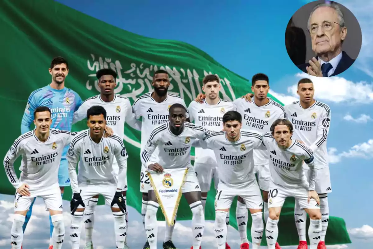 A soccer team posing in front of a green flag with an older man in a circle in the upper right corner.