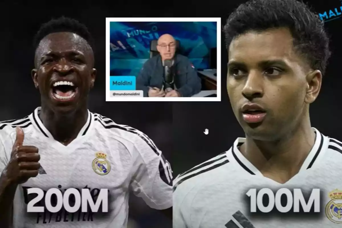 Dos jugadores de fútbol del Real Madrid con sus valores de mercado estimados, uno de 200 millones y otro de 100 millones, con una imagen de un comentarista deportivo en el fondo.