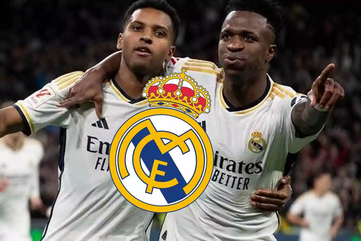 Two soccer players wearing Real Madrid uniforms celebrate on the field with the team's crest superimposed in the center.