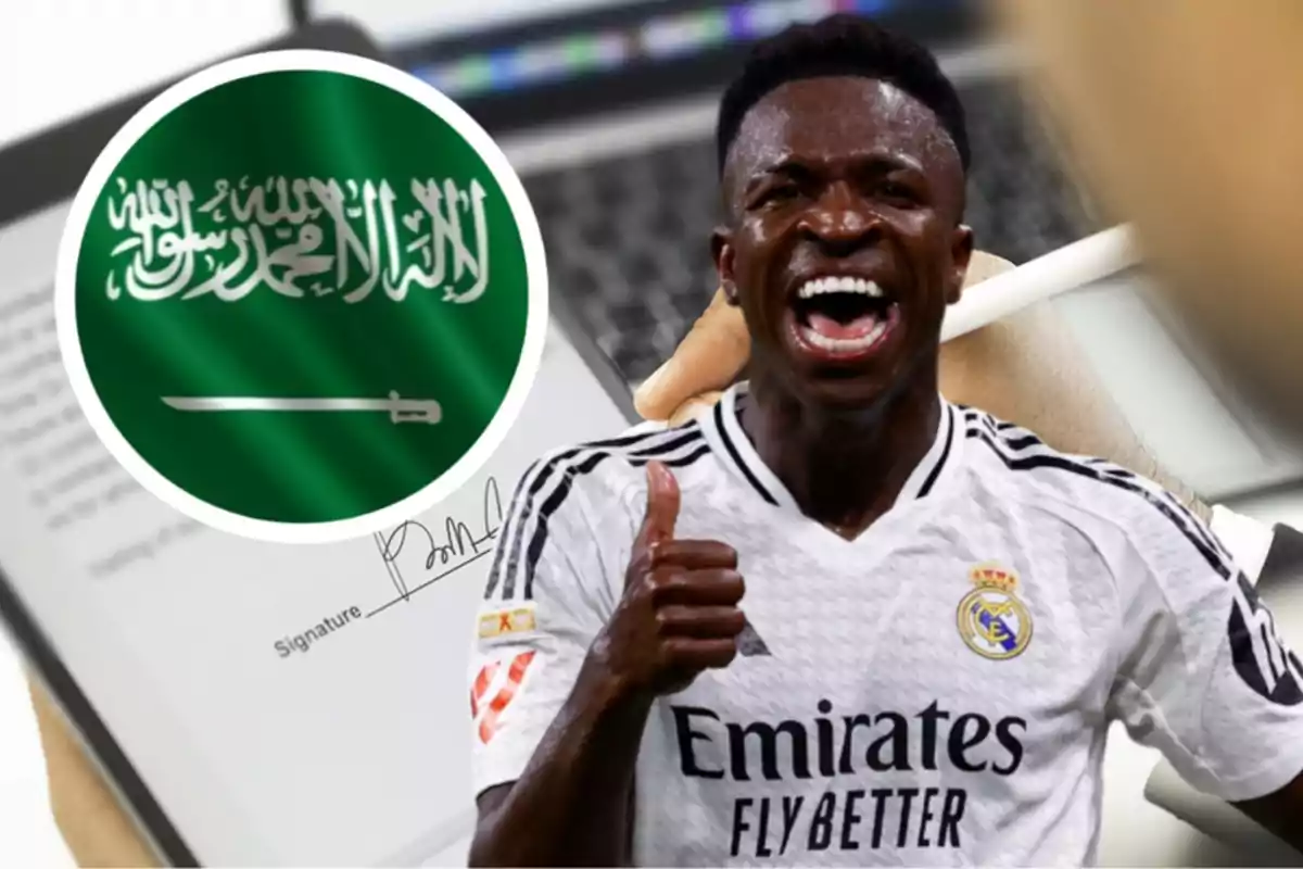 Un jugador de fútbol con la camiseta del Real Madrid sonríe y levanta el pulgar mientras al fondo se ve una bandera de Arabia Saudita y una firma en un documento digital.