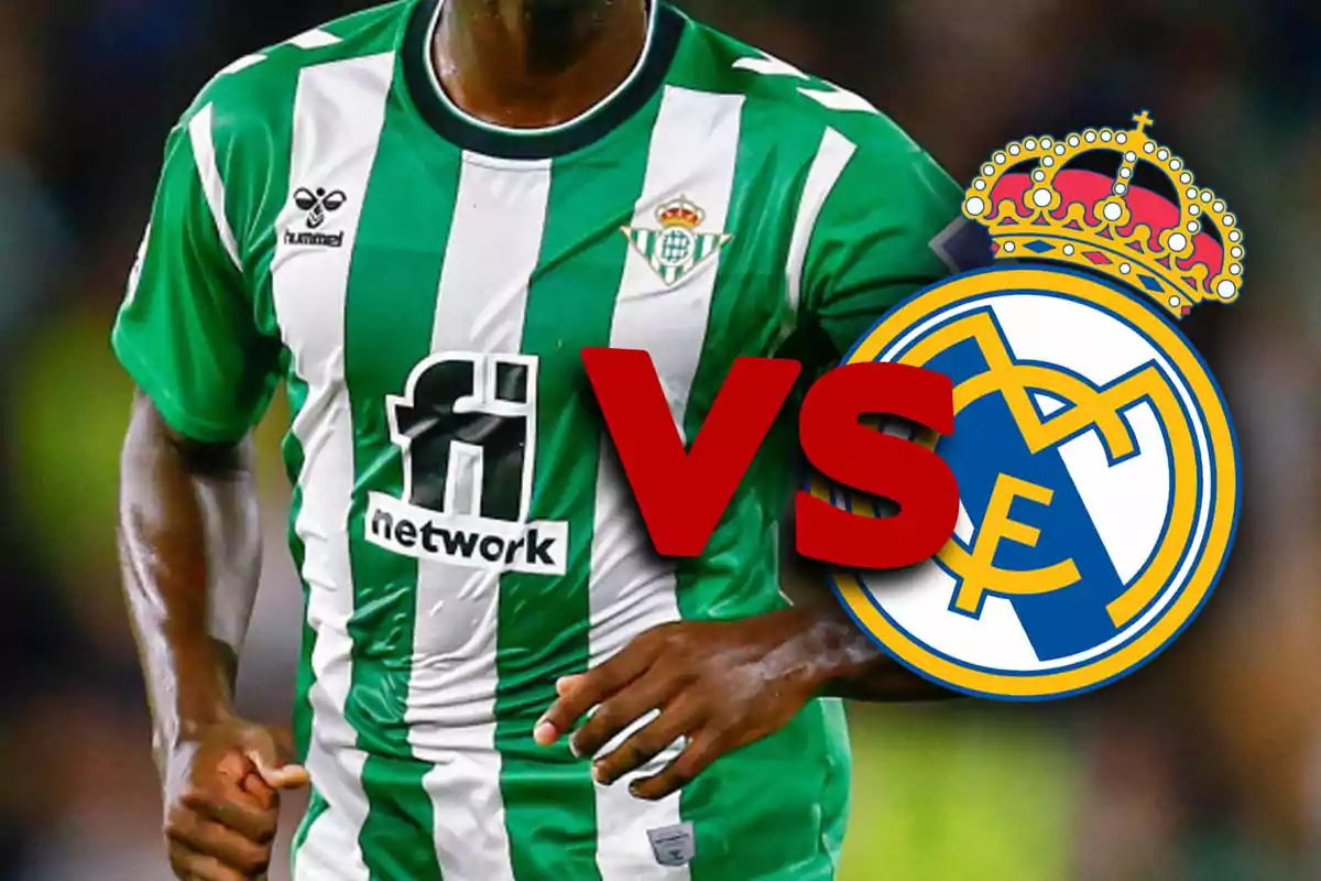 Jugador del Real Betis con el logo del Real Madrid y la palabra "VS" en el centro.