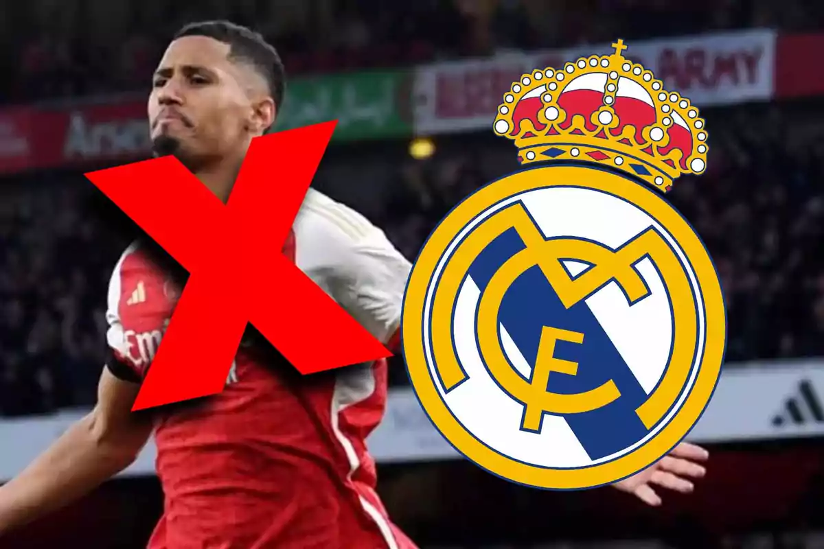 A player in a red and white jersey appears behind a large red "X" symbol and the Real Madrid crest.