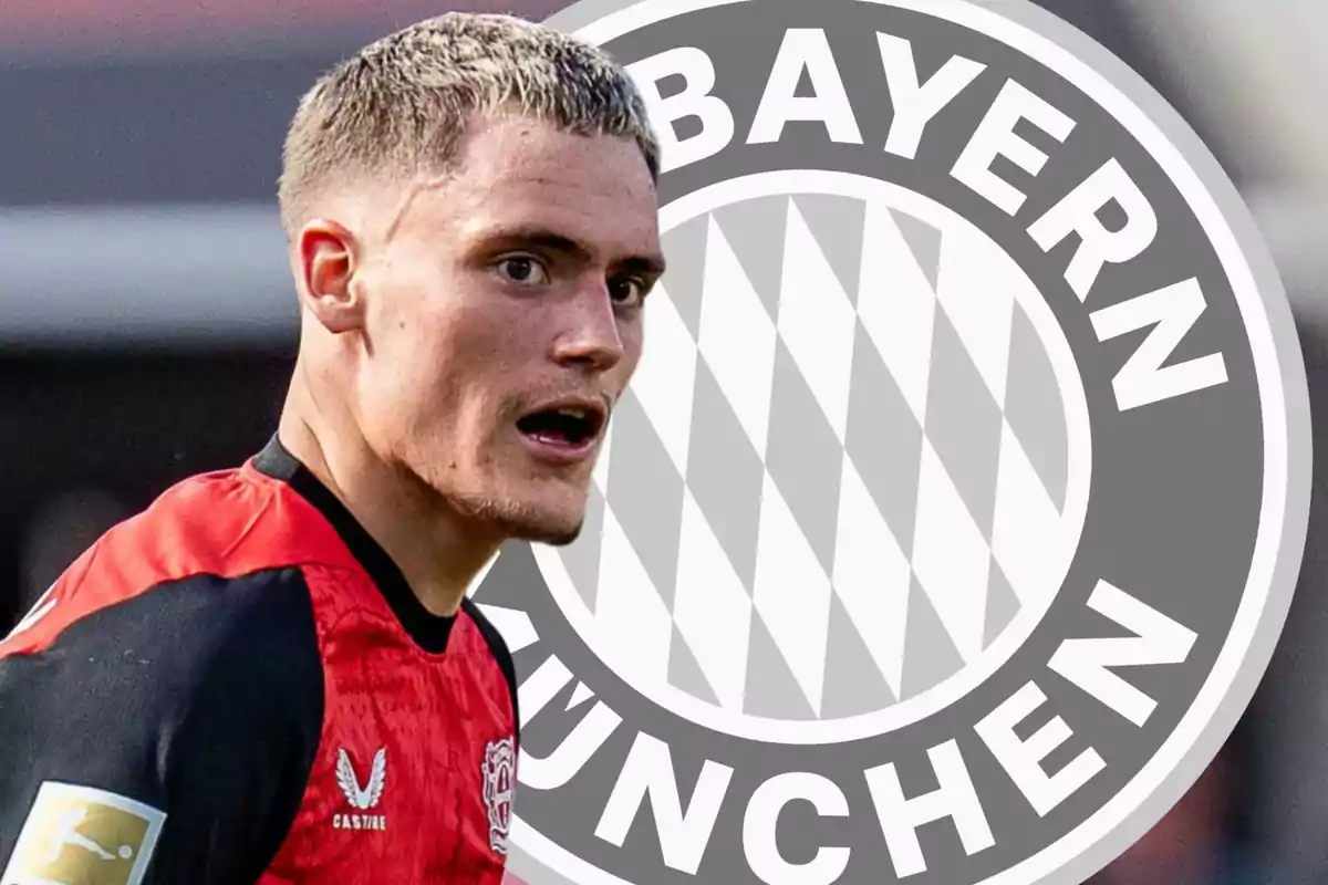 A player in a red and black uniform appears next to the Bayern Munich logo.