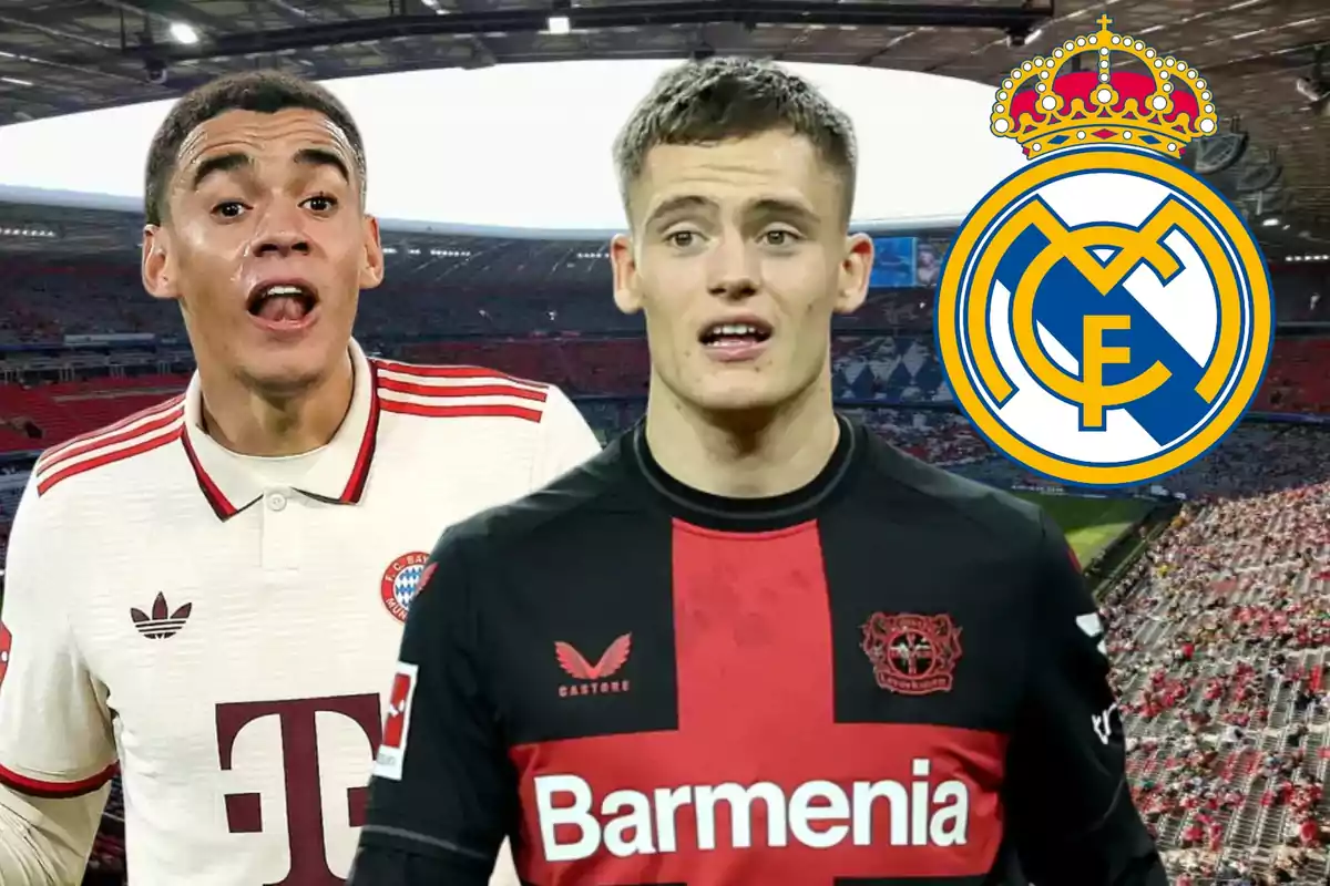 Dos jugadores de fútbol con camisetas de Bayern Múnich y Bayer Leverkusen en un estadio con el logo del Real Madrid en el fondo.