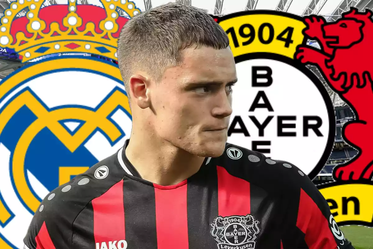 Un jugador de fútbol con la camiseta del Bayer Leverkusen aparece frente a los escudos del Real Madrid y Bayer Leverkusen.